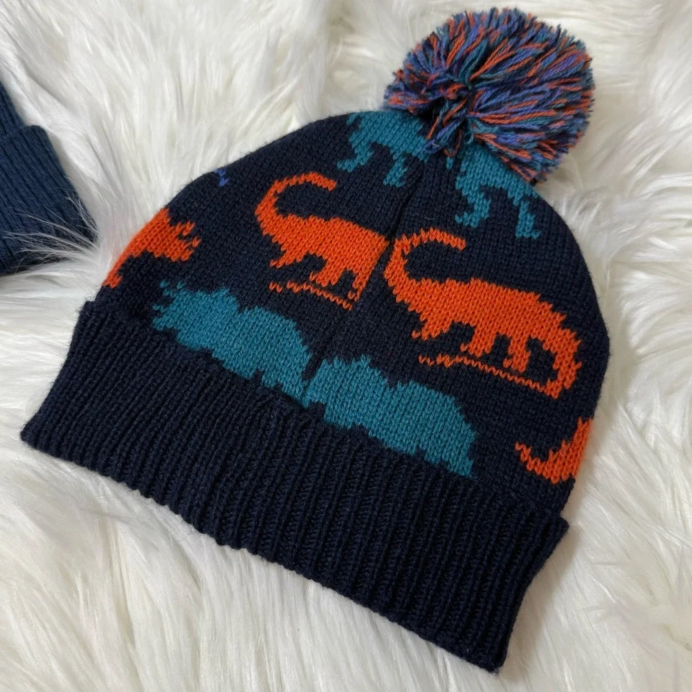 Youth Boy Navy Spider-Man and Dinosaur Knit Beanie Bundle